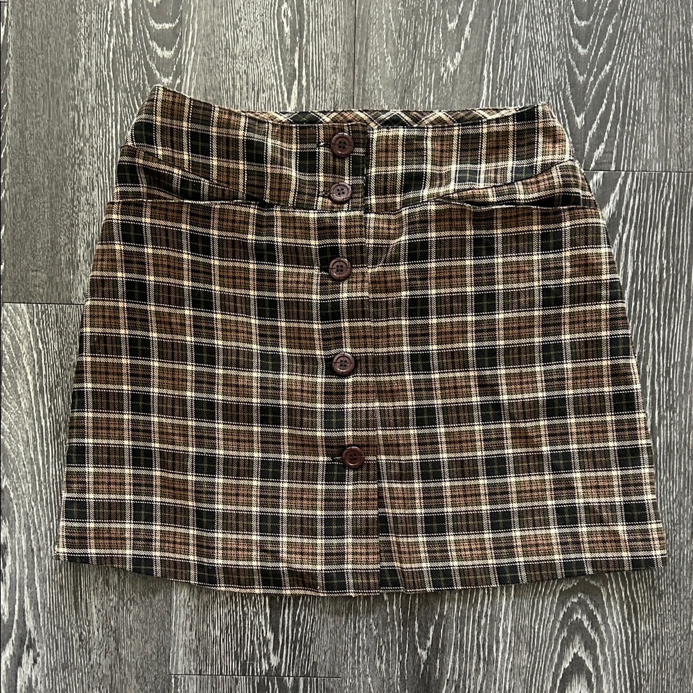 Plaid Button-Front Skirt - Brown